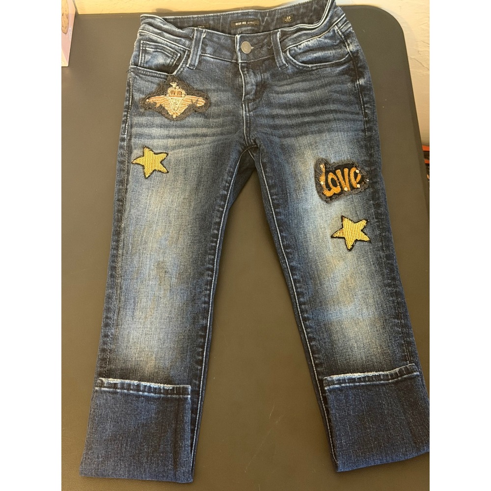 Miss Me Girls Ankle Skinny Jeans Dark Wash Sequin Star Love Patch Size 10